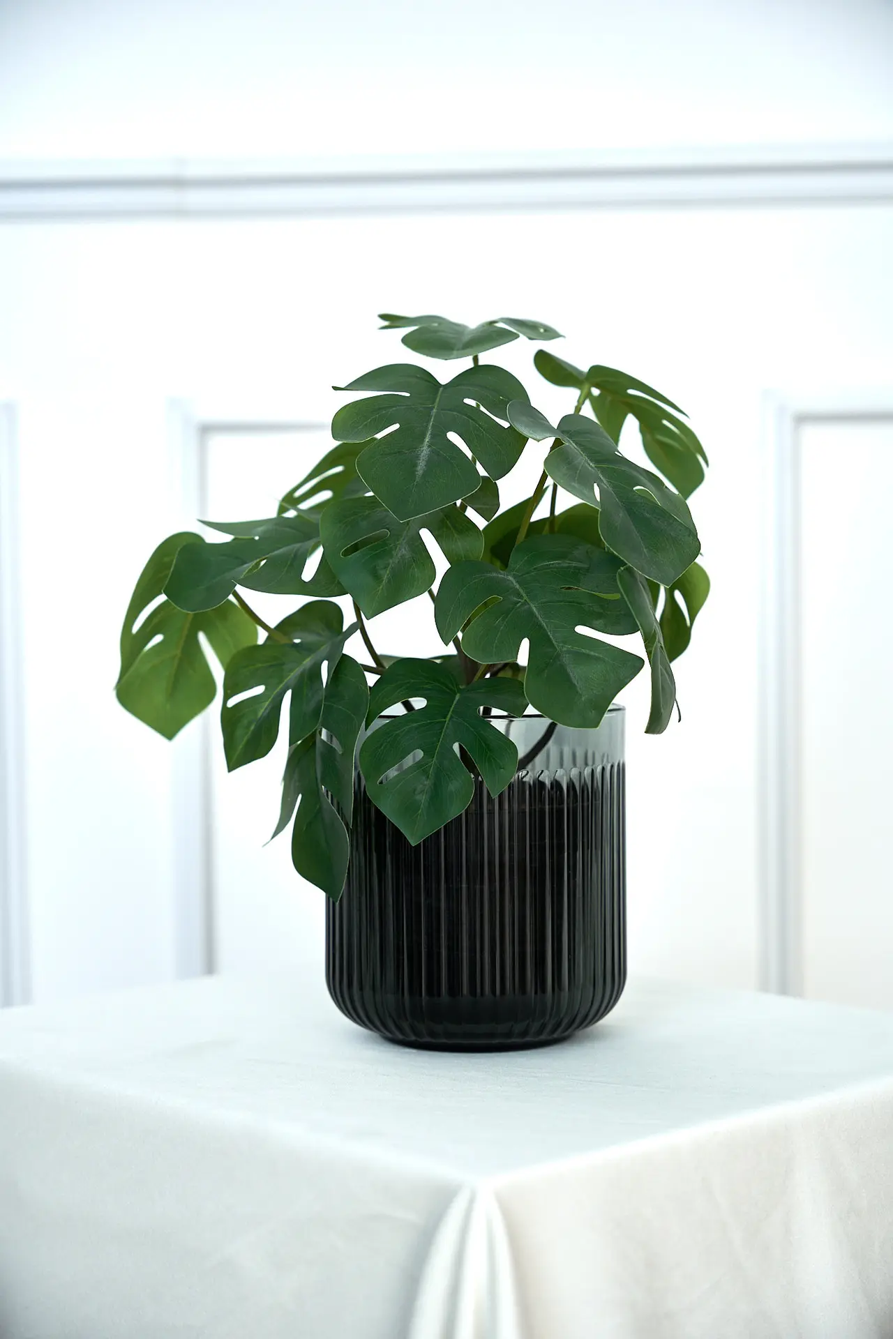 Plante artificielle et vase strié