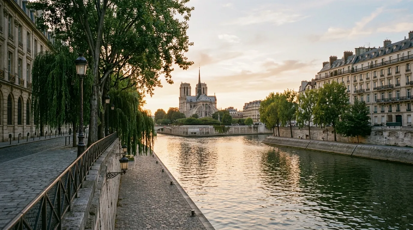 Quais de l'Île Saint-Louis à Paris avec vue sur Notre-Dame au coucher du soleil