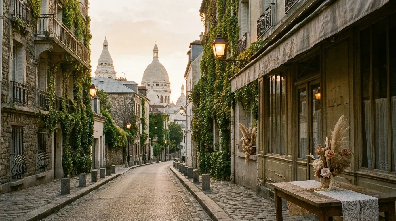 Ruelle pavée de Montmartre montant vers le Sacré-Cœur à Paris