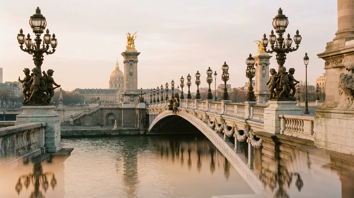 Pont Alexandre III à Paris, lampadaires dorés et dôme des Invalides