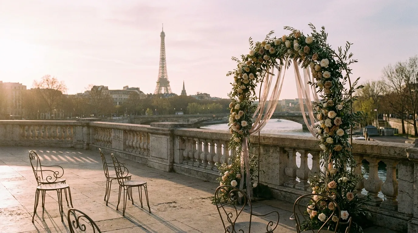 Esplanade du Trocadéro avec vue sur la Tour Eiffel au lever du soleil