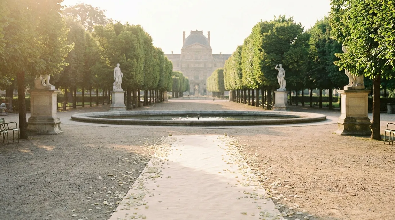 Allées et bassin du Jardin des Tuileries à Paris en lumière dorée