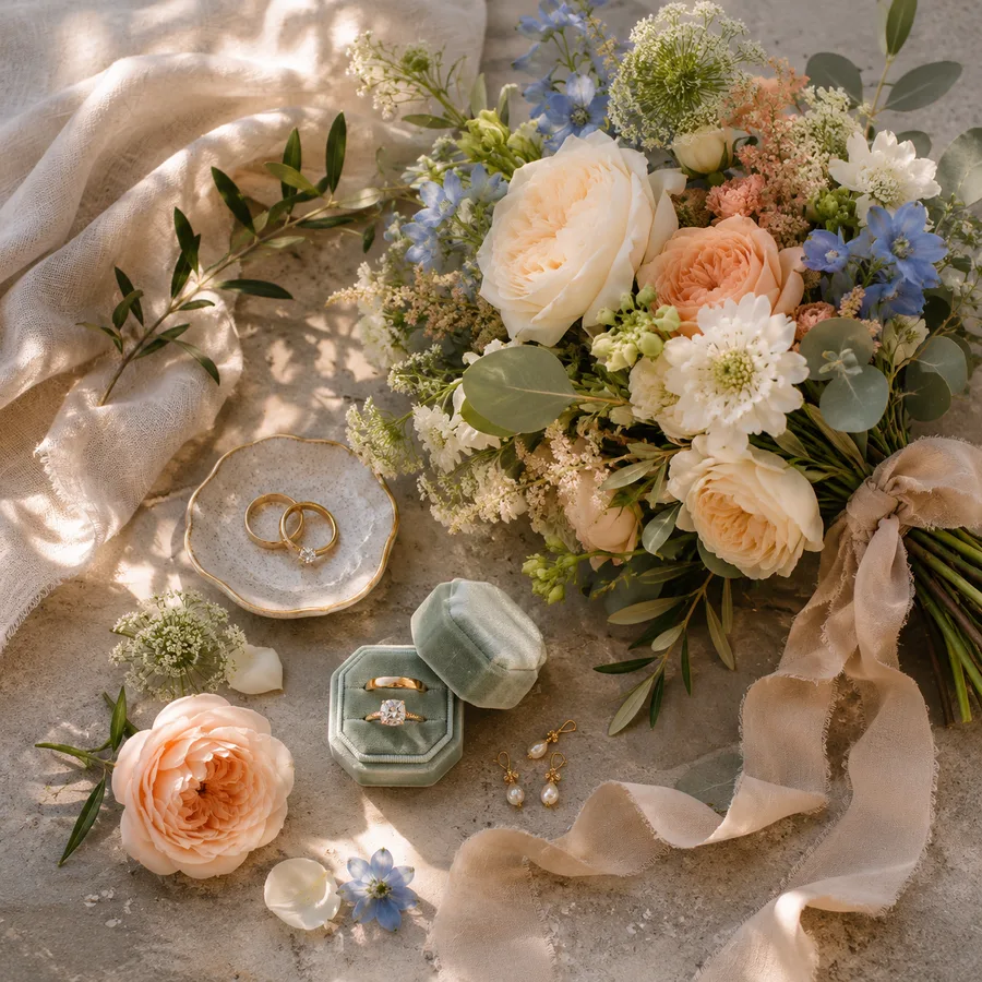 Alliances et fleurs, détails du mariage