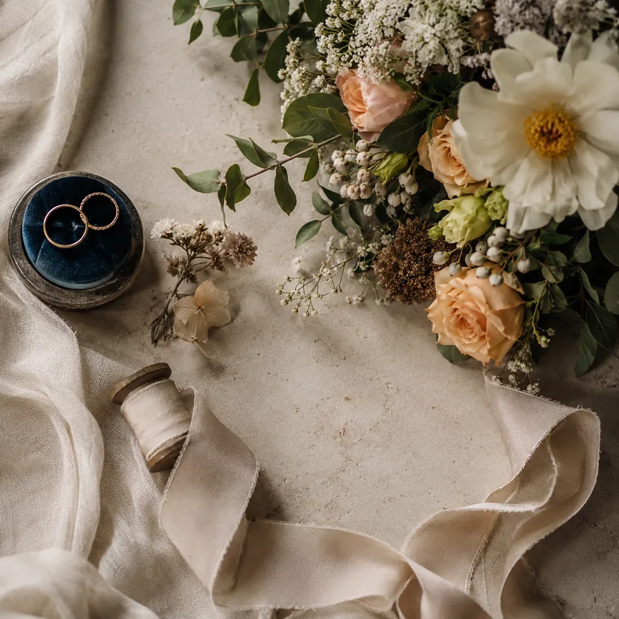 Alliances et fleurs, détails du mariage