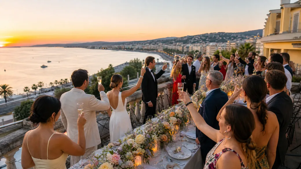 Toast au champagne, réception de mariage à Nice