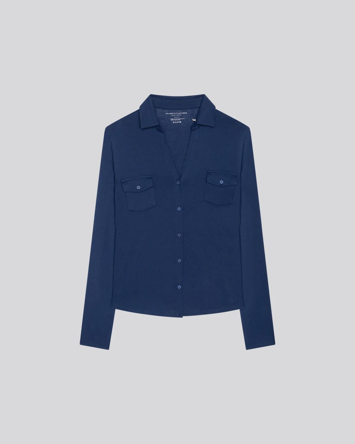 Packshot chemise jersey bleu marine, boutonnée, à plat